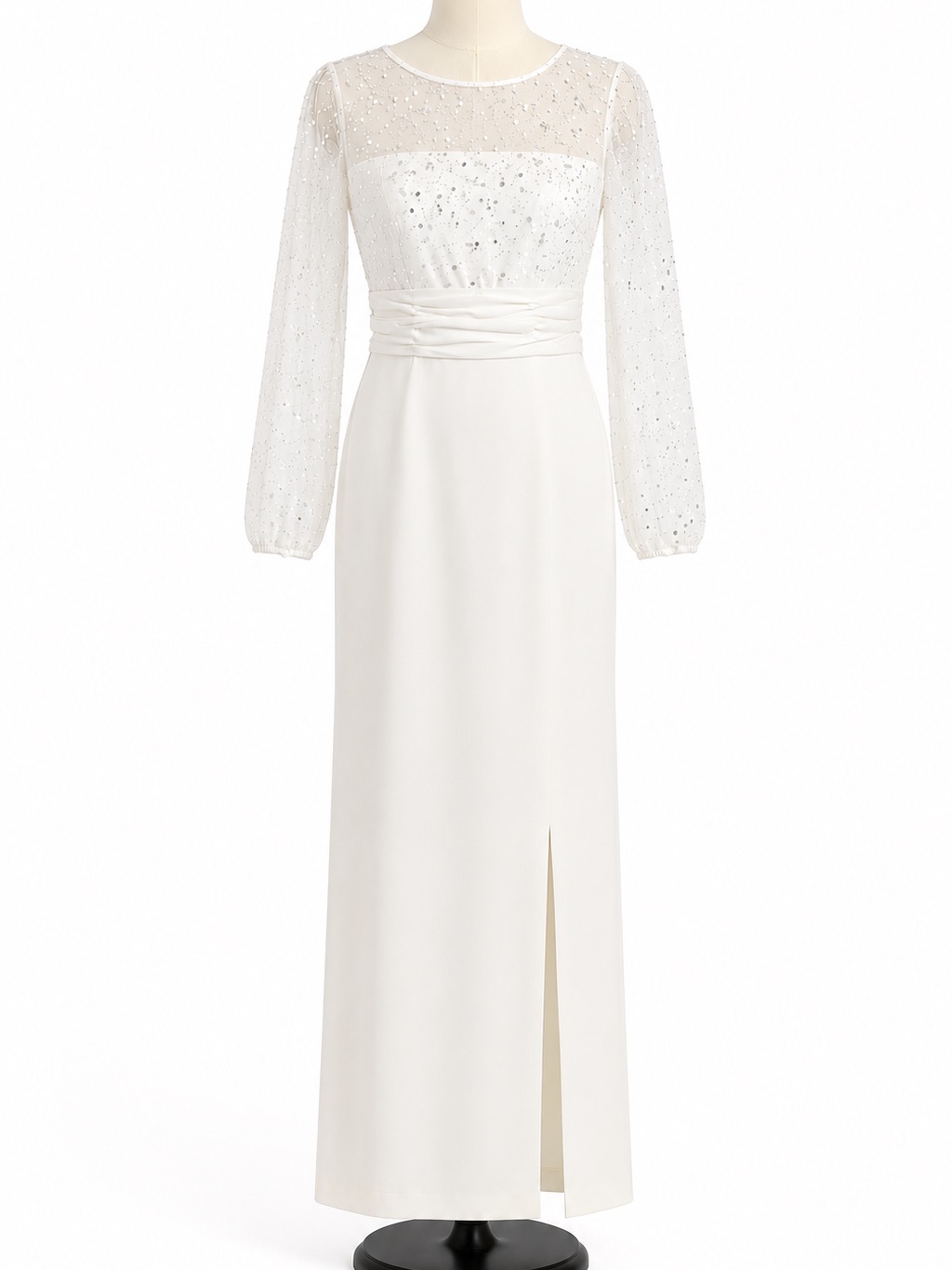 Js Collections Ivory Beaded Illusion Column Bridal Long Sleeve Wedding Dress